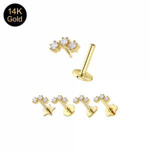 14K Solid Gold Internal Thread Triple Round CZ Cluster Labret – Choice of Backing