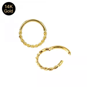 14K Solid Gold Twisted Rope Hinged Clicker Ring – 16G