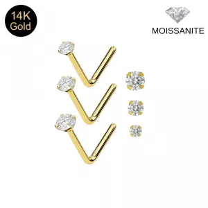 14K Solid Gold Claw-Set VVS Moissanite L-Bend Nose Stud (22G)