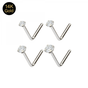 14K Solid Gold Brilliant CZ L-Bend Nose Stud (18G–24G)