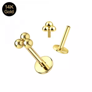 14K solid yellow gold internally threaded labret showing the 4mm trinity dome top, integrated threaded pin, and smooth hollow 16G post.