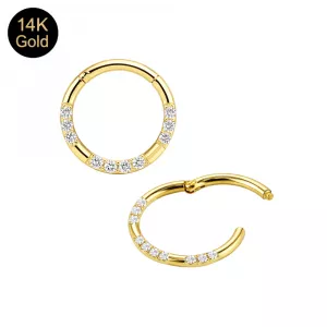 14K solid yellow gold multi-stone sparkle hinged clicker ring shown in closed and open positions.
