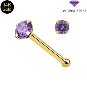 14K Solid Yellow Gold Prism Natural Stone Claw-Set Ball end Nose Pin (22G)