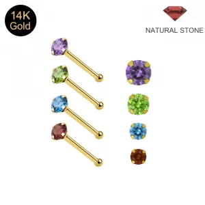 14K solid gold 22G prism ball end nose pin assortment with genuine claw-set natural stones.