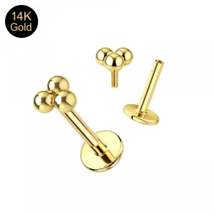 14K solid yellow gold internally threaded trinity ball labret showing the 3-ball cluster top, threaded pin, and smooth hollow 16G post.
