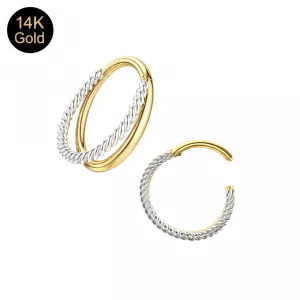 14K Two-Tone Gold Twisted Rope Double Stack Hinged Segment Clicker Ring | 18G