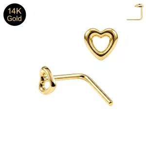 14K Yellow Gold Heart Cut Out L-Shape Nose Stud | 22G 6mm