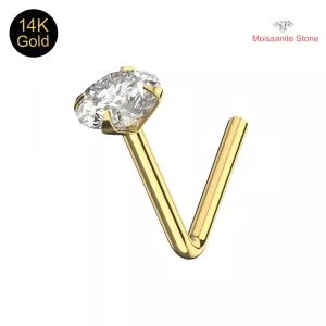 14K Gold Claw-Set Moissanite Stone L Bend Nose Stud