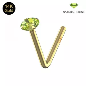 14K Gold Claw-Set Natural Stone L Bend Nose Stud
