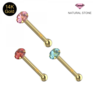 14K Gold Claw-Set Natural Stone Nose Pin with Fixed Ball End