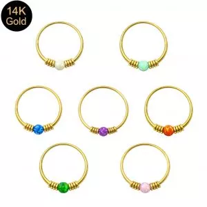 14K Solid Gold Opal Nose Ring Hoop – Spring Coil 22G 8mm Nose & Tragus Piercing Jewelry
