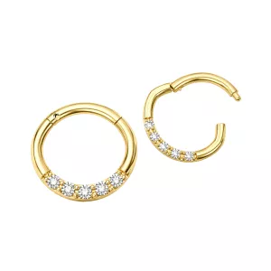 14K Solid Yellow Gold Oval CZ Jeweled Hinged Segment Clicker Ring | 16G