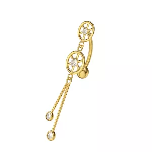 14K Yellow Gold Double Wheeled CZ Jeweled Dangling Reverse Navel Belly Bar