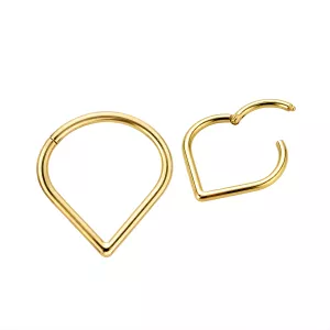 14K solid yellow gold triangle-shaped hinged segment clicker ring shown in open and closed positions.