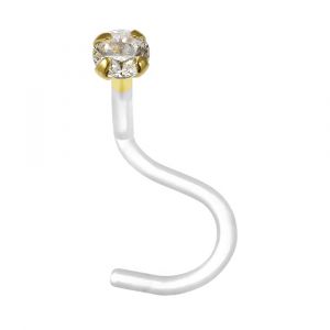 14K Yellow Gold CZ Nose Screw with Bio-Plast Stem – 3mm Crystal Nose Stud