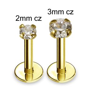 14K Yellow Gold 16G 6mm Labret with Round CZ Jeweled Threadless pin top