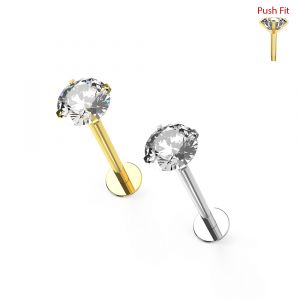 14K Gold Labret with 3mm Round CZ Jeweled Threadless pin top