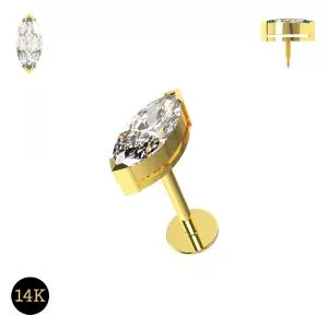 14K Gold Internal Threaded Marquise CZ Flat back Labret