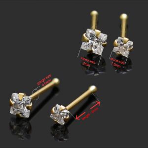 14K Gold Square Jeweled Ball End Nose Pin