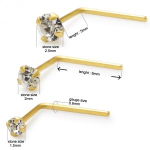 14K Gold Crystal Jeweled L-Shaped Nose Stud