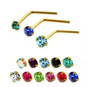 14K Gold Crystal Jeweled L-Shaped Nose Stud