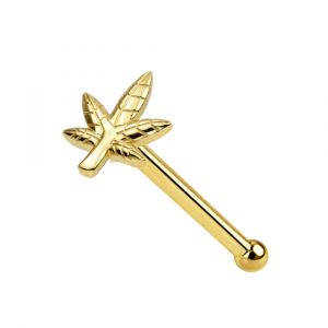 9K Solid Yellow Gold Marijuana Leaf Nose Stud 22G – Ball End Nose Pin