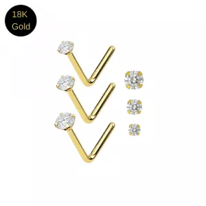 18K Solid Yellow Gold Prong-Set CZ Jeweled L-Bend Nose Stud (22G)