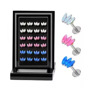 Professional wholesale display of a 24-piece G23 titanium triple opal labret kit arranged in assorted white, pink, and blue opal colors on a black stand.