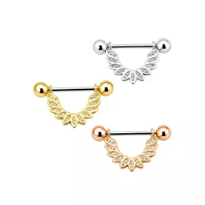 Micro Jeweled CZ Floral Leaf Nipple Piercing Bar