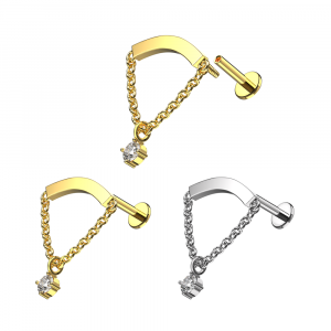 316L Surgical Steel Round CZ Dangle with Chain Internally Threaded Top Hidden Helix Labret