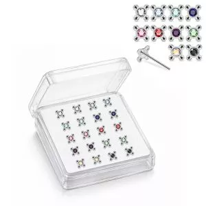 925 Silver Jeweled Beaded Cross Straight End Nose Stud Box (20pcs / 40pcs)