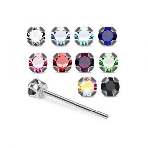Assortment of rhinestone colors for 925 sterling silver jeweled cup prong straight nose studs including clear, aqua, sapphire blue, pink, red, green, AB, and black.