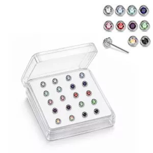 Professional wholesale display box of 925 sterling silver bezel-set round rhinestone nose pins in assorted colors