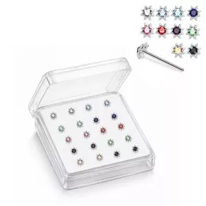 925 Silver Jeweled Petal Sun Straight End Nose Stud Box (20pcs / 40pcs)