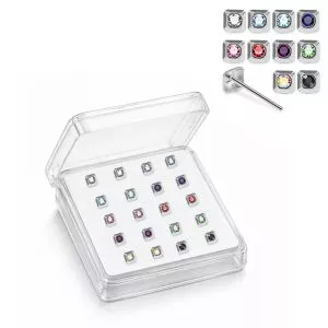 925 Silver Jeweled Square Frame Straight End Nose Stud Box (20pcs / 40pcs)
