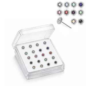 Professional wholesale display box of 925 sterling silver jeweled sunburst rhinestone straight nose studs in assorted colors