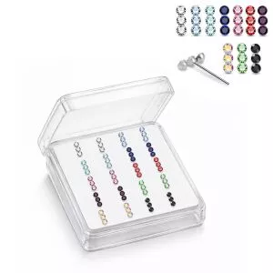 Professional wholesale display box of 925 sterling silver jeweled triple bezel rhinestone straight nose studs in assorted colors.