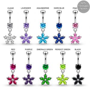 925 Sterling Silver CZ Flower Dangling Belly Ring