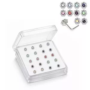 925 Sterling Silver Jeweled Beaded Flower L-Bend Nose Stud Box (20 Pieces)