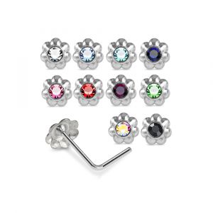 925 Sterling Silver Jeweled Beaded Flower L-Bend Nose Stud Box (20 Pieces)