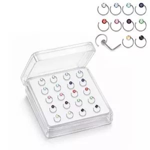 Professional wholesale display box of 925 sterling silver jeweled bezel hoop rhinestone L-shape nose studs in assorted colors.