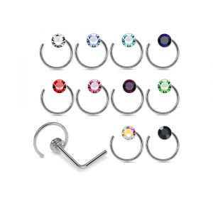 Assortment of rhinestone colors for 925 sterling silver jeweled bezel hoop L-shape nose studs including clear, aqua, sapphire blue, pink, red, green, AB, and black.