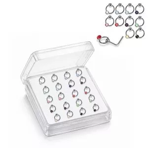 Professional wholesale display box of 925 sterling silver jeweled dangling captive bead rhinestone L-bend nose studs in assorted colors.