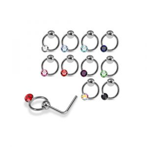 Assortment of rhinestone colors for 925 sterling silver jeweled dangling captive bead L-bend nose studs including clear, aqua, sapphire blue, pink, red, green, AB, and black.