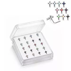 925 Sterling Silver Jeweled Classic Cross L-Bend Nose Stud Box (20 Pieces)