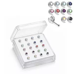 925 Sterling Silver Jeweled Crescent Moon Ball End Nose Stud Box (20pcs/40pcs)