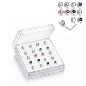 925 Sterling Silver Jeweled Crescent Moon L-Bend Nose Stud Box (20 Pieces)