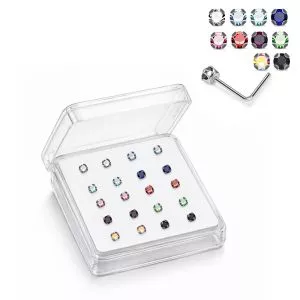 Professional wholesale display box of 925 sterling silver jeweled cup prong rhinestone L-bend nose studs in assorted colors.