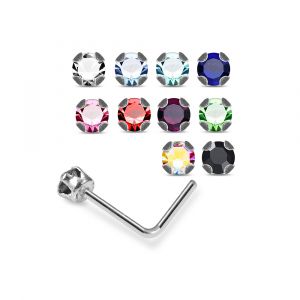 Assortment of rhinestone colors for 925 sterling silver jeweled cup prong L-bend nose studs including clear, aqua, sapphire blue, pink, red, green, AB, and black.