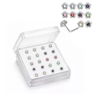 925 Sterling Silver Jeweled Daisy L-Bend Nose Stud Box (20 Pieces)